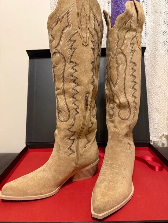 Women's Tan Faux Suede Knee-High Western Heeled Boots - Picture 4 of 9